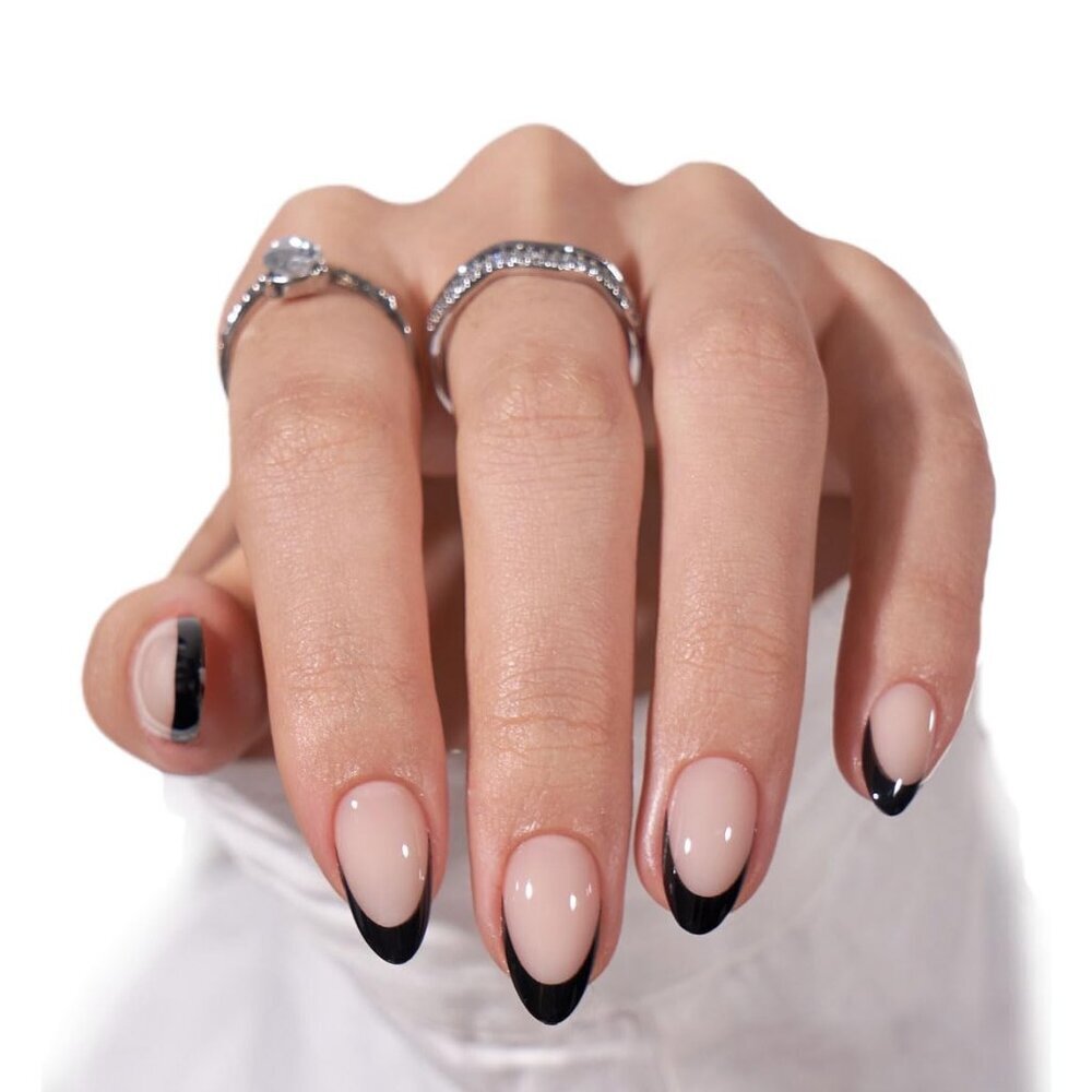 French Tip Press On Nails Almond - Black Press On Nails Short, Glue On Nails For